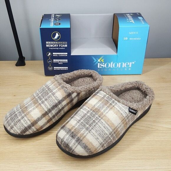 ISOTONER Mens Slippers Size 9.5 10.5 Tan Plaid Slip On Open Back Plush Lined - Picture 1 of 6